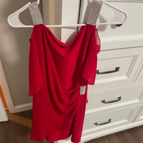 MSK red off the shoulder dress with gem accents and straps. - Picture 1 of 5